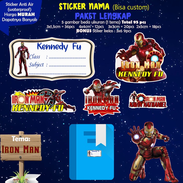 

Sticker Nama Lucu/Custom/Kartun/Cartoon/Waterproof - IRON MAN 95pc