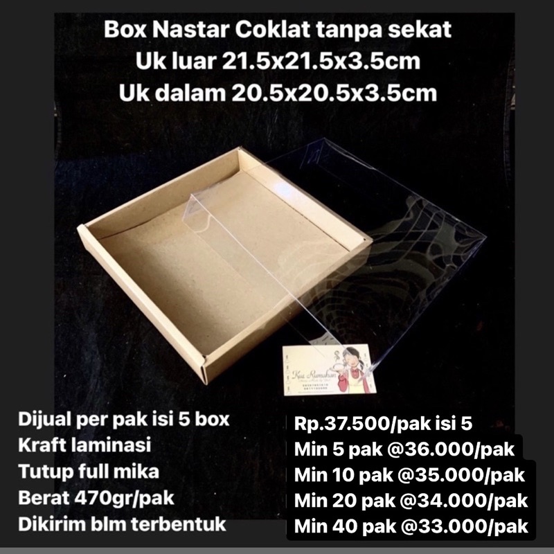 

Box Nastar Kraft Coklat tanpa sekat Uk luar 21.5x21.5x3.5cm isi 5/pak