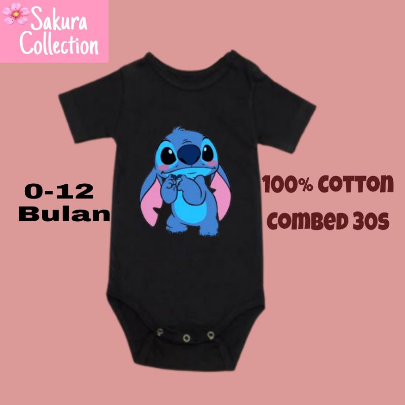 Kaos baju bayi jumper baby kids pendek viral logo tulisan STITCH DISNEY usia 0 1 2 3 4 5 6 7 8 9 10 11 12 bulan sampai umur 1 tahun adem jumpsuit babysuit romper bodysuit little anak kecil hitam style laki laki perempuan unisex nyaman lembut