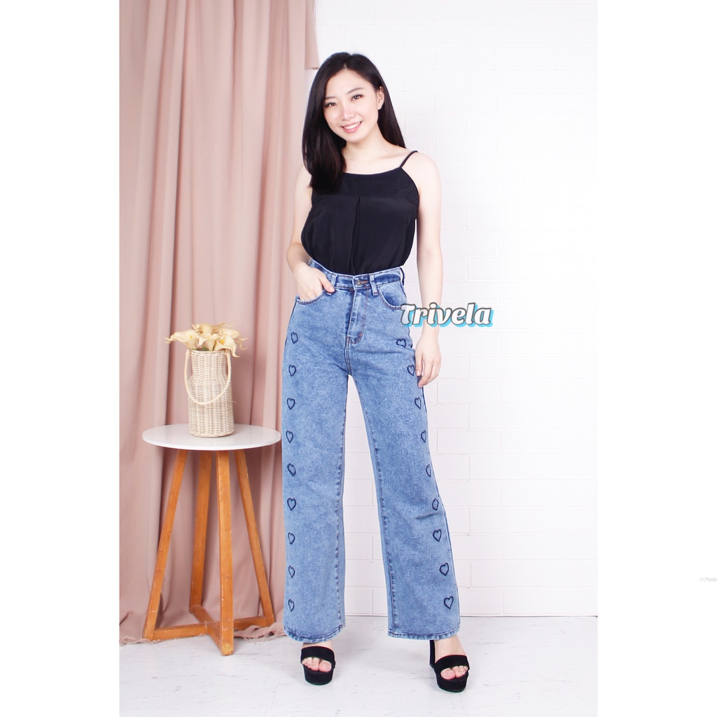 T154 - Kulot Jeans Love / Love Jeans / Celana Jeans Panjang Model Longgar Anti Ngatung / Highwaist Model Korea