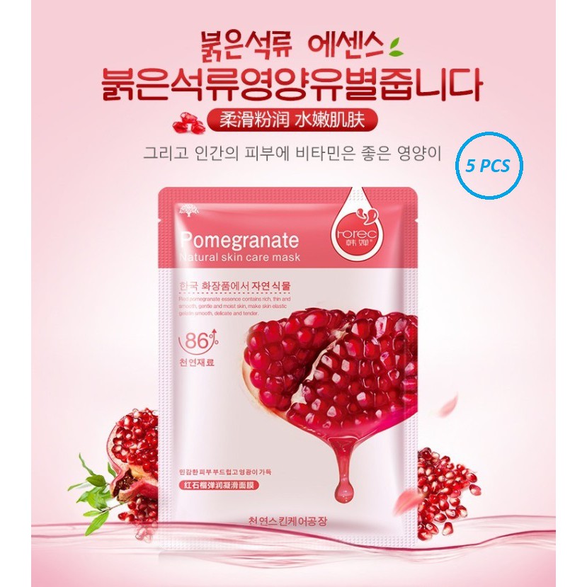 5 Pcs Masker Wajah HCHANA Pomegranate Sheet Mask / Masker Muka HCHANA ROREC Pomegranate Delima Facial Sheet Mask Masker Wajah Organik Pemutih dan Glowing / Masker Organik Anti Komedo dan Jerawat / Masker Wajah Korea Murah Pria Wanita