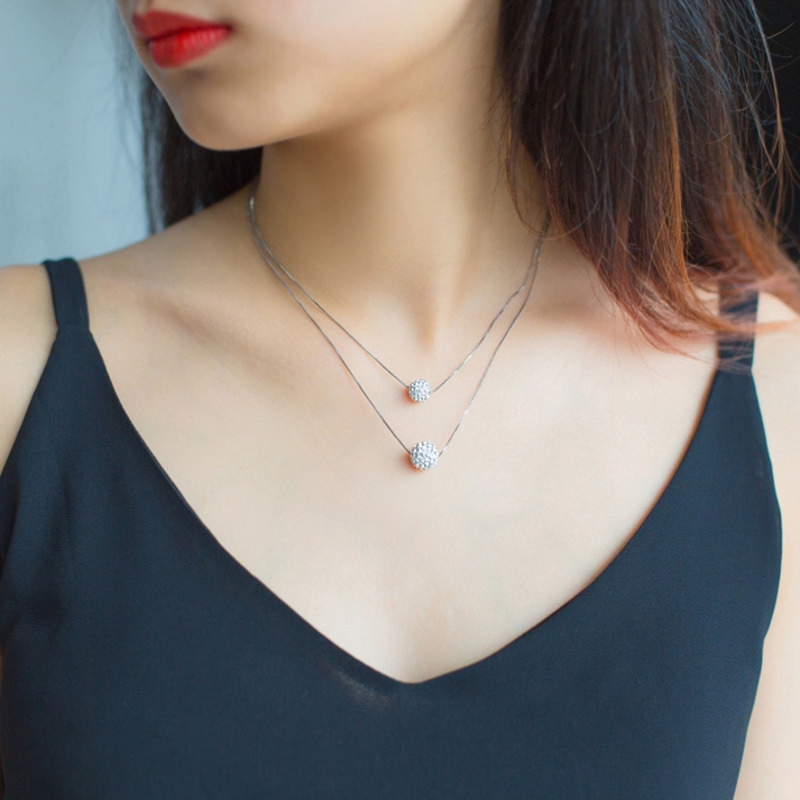 Kalung Ganda Rantai Liontin Bola Kristal Zircon Bahan Titanium Untuk Wanita