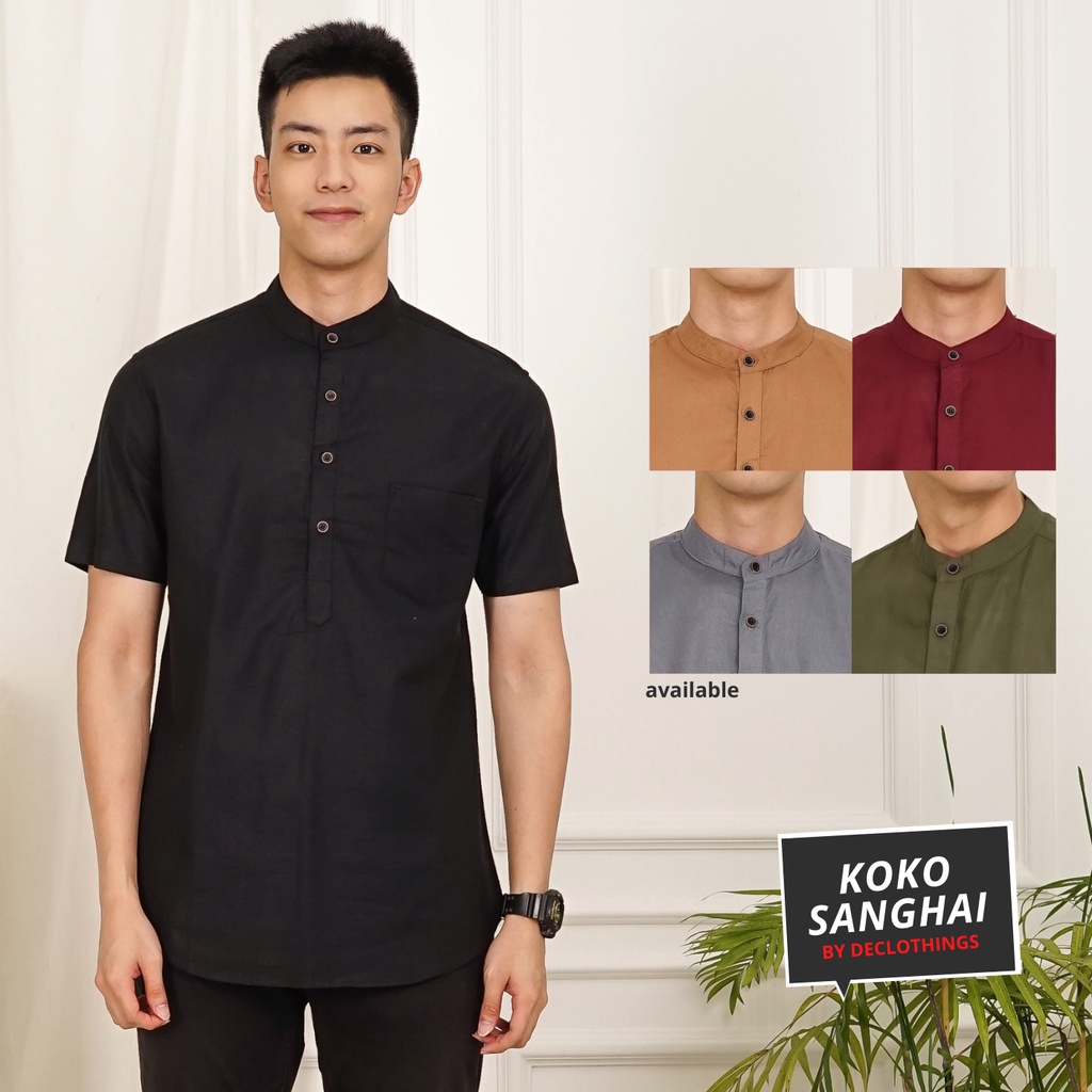 Baju Koko Pria Lengan Pendek Kemko Kemeja Muslim Dewasa Kerah Sanghai Kokoh Taqwa Polos Katun Rami Premium