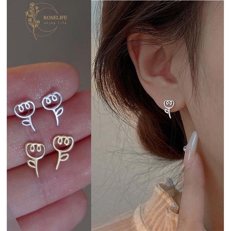 1 Pasang Anting Stud S925 Silver Bentuk Bunga Tulip Gaya Korea Untuk Wanita