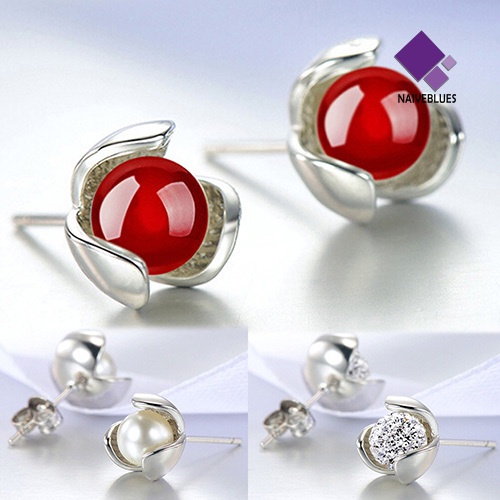 Naiveblue Anting Tusuk Sterling Silver 925 Desain Bunga Hias Berlian Imitasi Untuk Wanita
