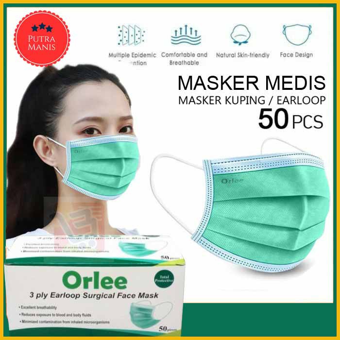 Masker 3ply 3 ply emboss embos ebos Orlee ORI Hijau Green Medis Earloop Kemenkes isi 50 pcs ORIGINAL
