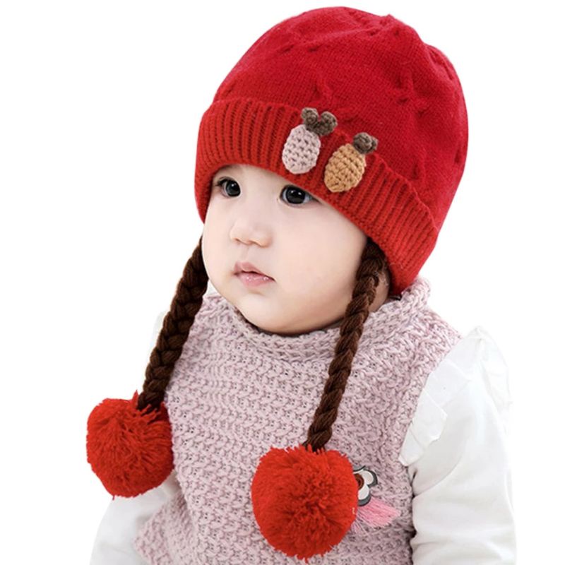 JF COLLECTION [Bordir Nama] Topi Kupluk Rajut Kepang Anak Bayi Perempuan Hiasan Nanas Rambut Kuncir-Merah