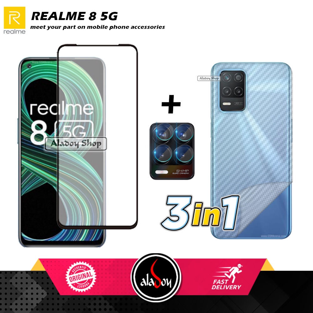 PAKET 3 IN 1 Tempered Glass Layar Realme 8 5G 2021 Free Tempered Glass Camera dan Skin Carbon