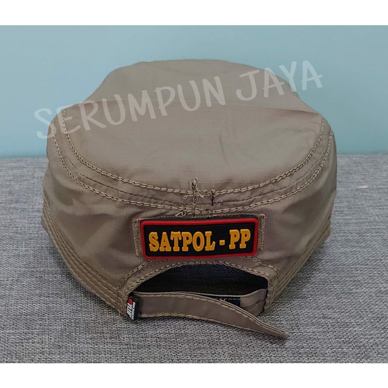 TOPI KOMANDO KREM SATPOL PP LOGO BIRU - TOPI SATPOL PP KOMANDO VELCRO KREM 2 PATCH