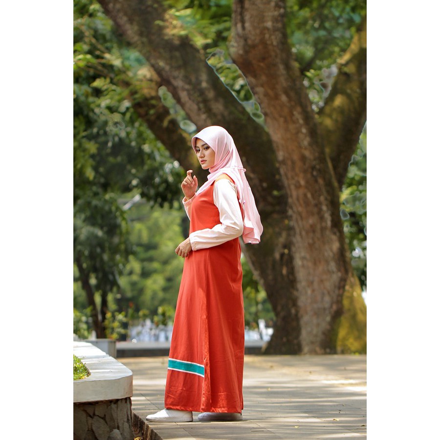 Baju gamis model terbaru kombinasi jumpsuit nempel cotton warna pink orange ALNITA AG 07