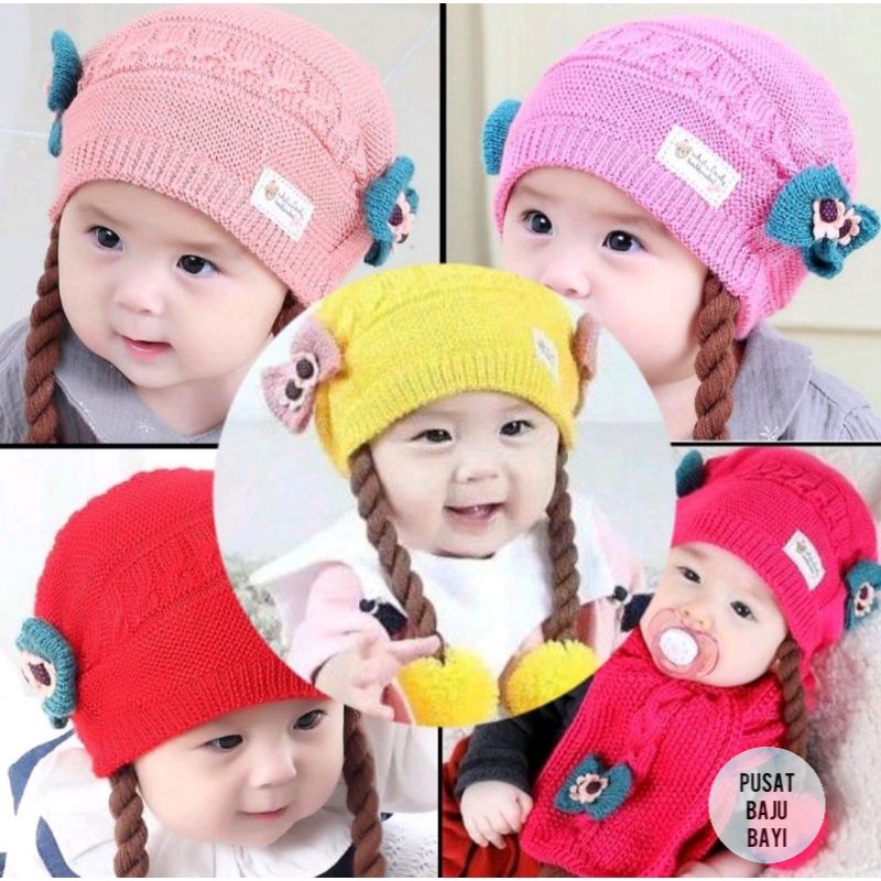 Topi Bayi Perempuan Premium Rajut Pompom Model Kepang / Topi Rajut Premium Baby Girl model Kepang Termurah