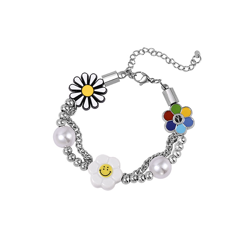 Smiley Daisy Stitching Pearl Bracelet Accessories Trendy Hip Hop