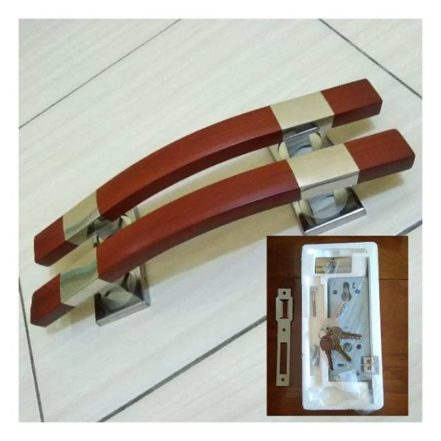 2 gagang + kunci Handle pintu tarikan pintu rumah minimalis stainless kotak melengkung panjang 33cm