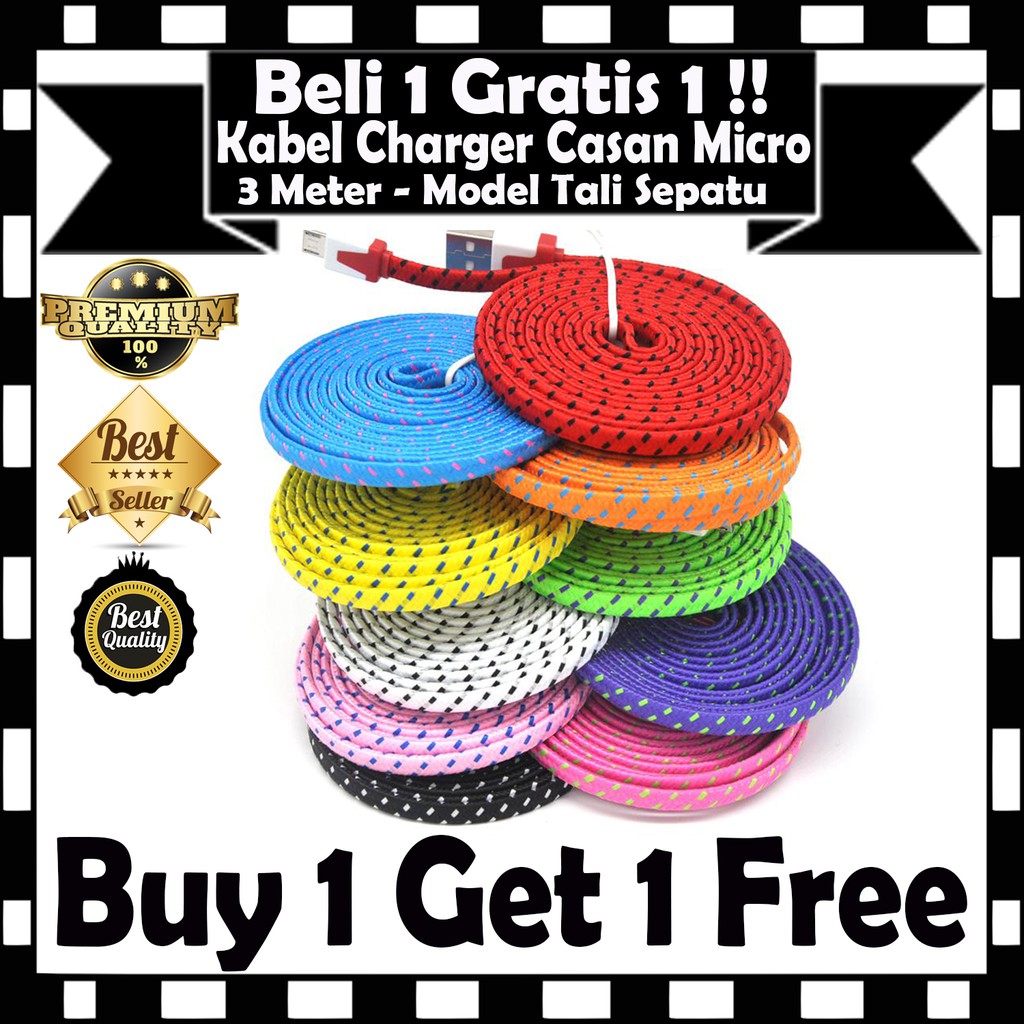 Promo BUY 1 GET 1 FREE !!! Kabel Casan Charger 3M - Meter Model Tali Sepatu