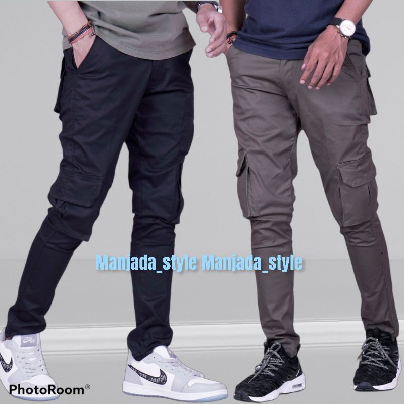 Celana Panjang Pria Cargo Model Slim Fit Skinny High Waist Warna Polos Untuk Pesta / Club