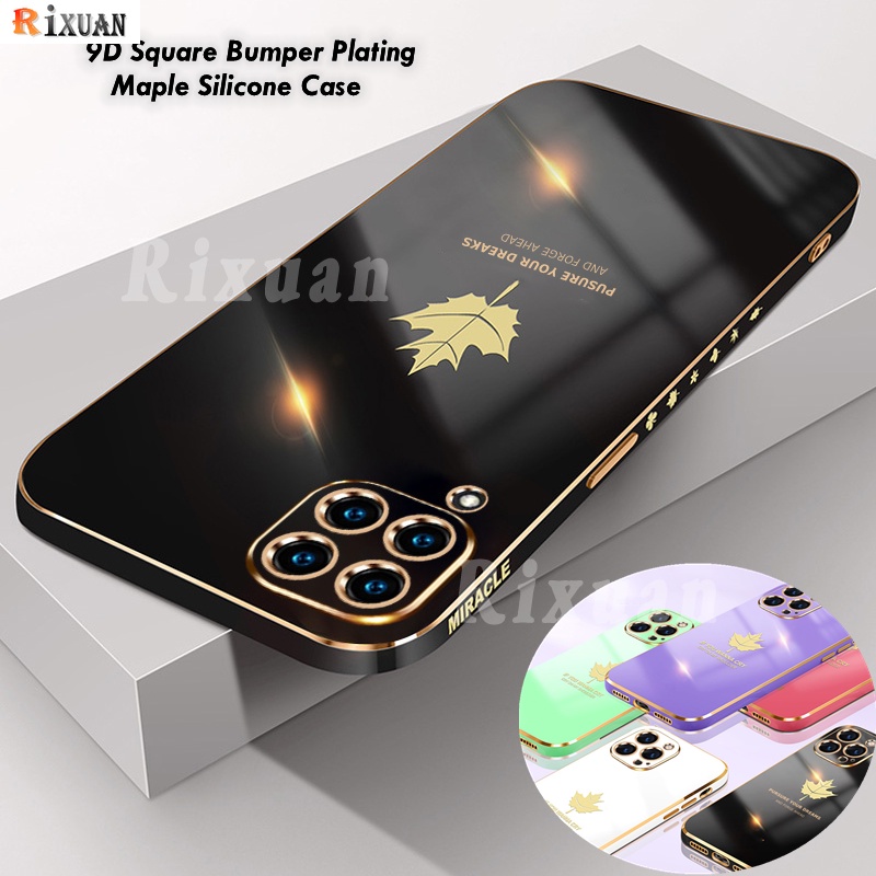 Casing Samsung Galaxy A32 A52S A52 A72 A21S A12 A31 A20S A02S A10S A51 A71 M11 M12 A7 2018 Samsung S21 Ultra Fashion Electroplated Maple Leaf Square Plating Soft Silicone Case Rixuan