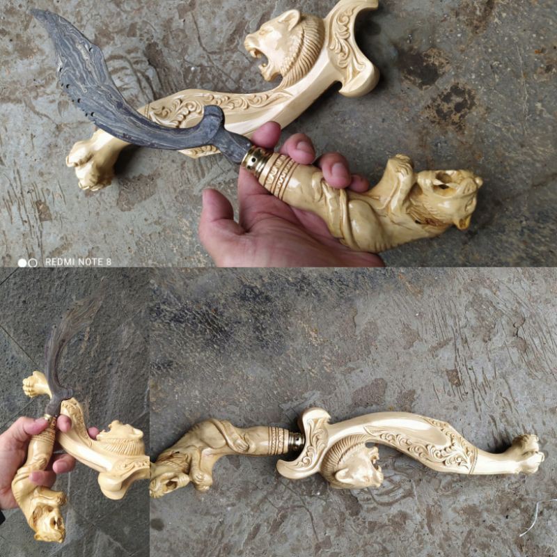 Sovenir Kujang Baja Pamor Damaskus Kayu Kopi Ukir