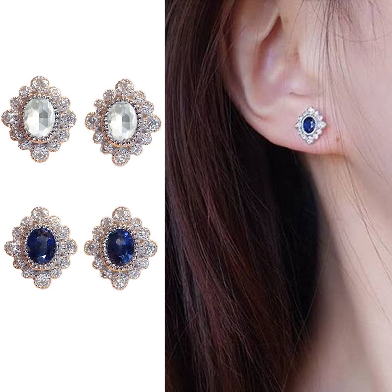 Anting Stud Cubic Zirconia Bentuk Oval Warna Putih Biru Lapis Silver Untuk Wanita