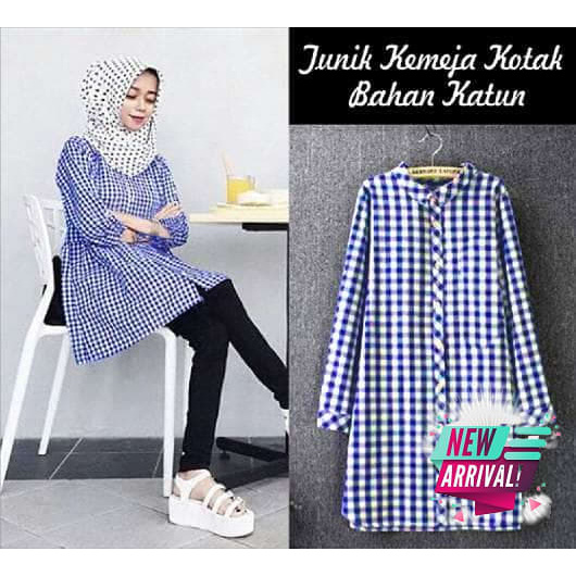 Baju Tunik Remaja 2021 Terbaru Model Kekinian Atasan Muslim Moscr AH491 [Junix Kotak Biru Ro] Tunik