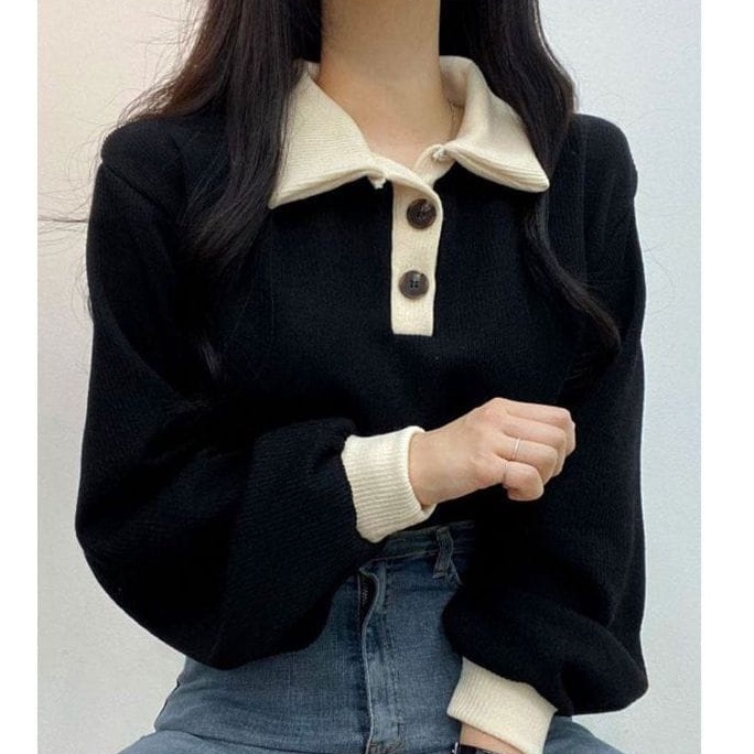 COLLAR GIRL SWEATER WANITA OVERSIZE - CREWNECK WANITA OVERSIZE - SWEATER KERAH MODEL KANCING