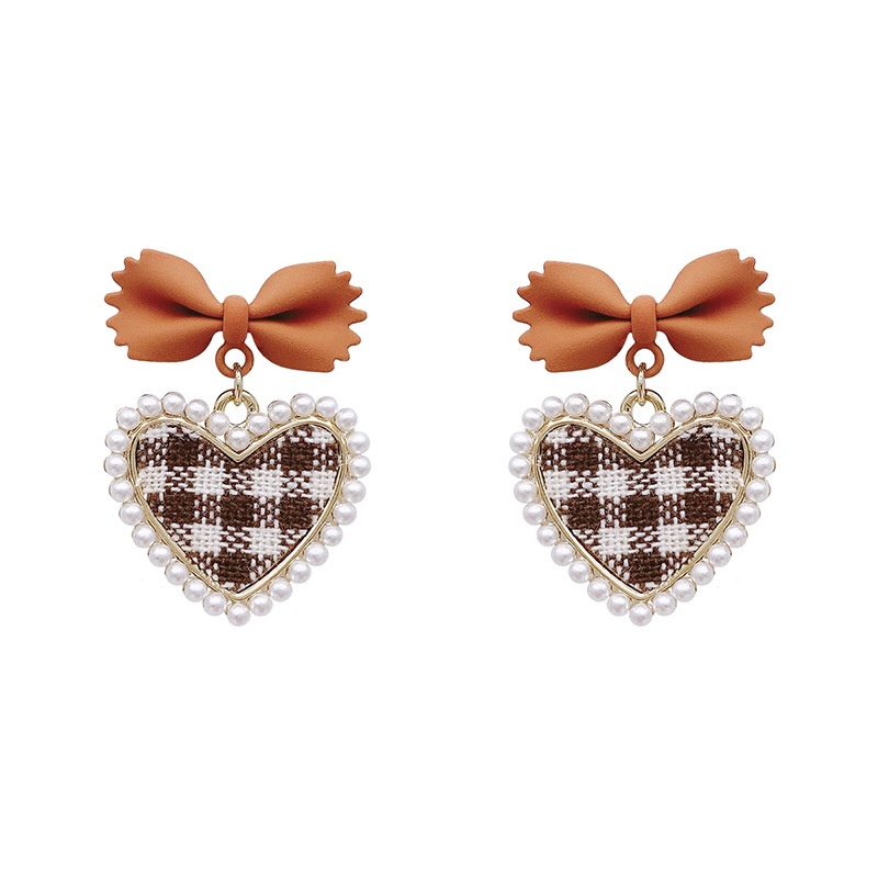 Lattice Love Bowknot Earrings Fashion Pearl Earrings Temperament Peach Heart Earrings Japanese and Korean Jewelry