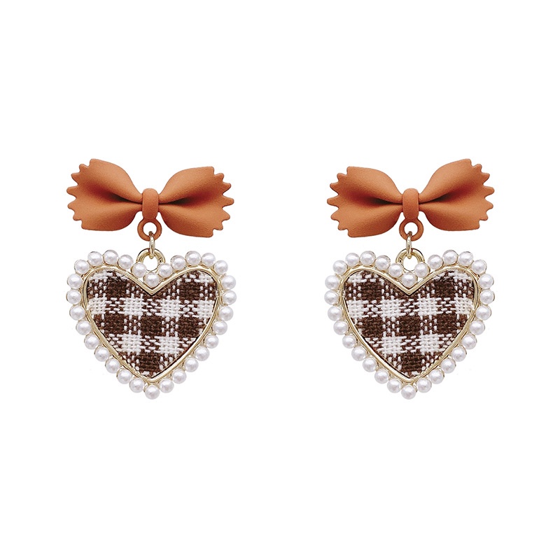 Lattice Love Bowknot Earrings Fashion Pearl Earrings Temperament Peach Heart Earrings Japanese and Korean Jewelry