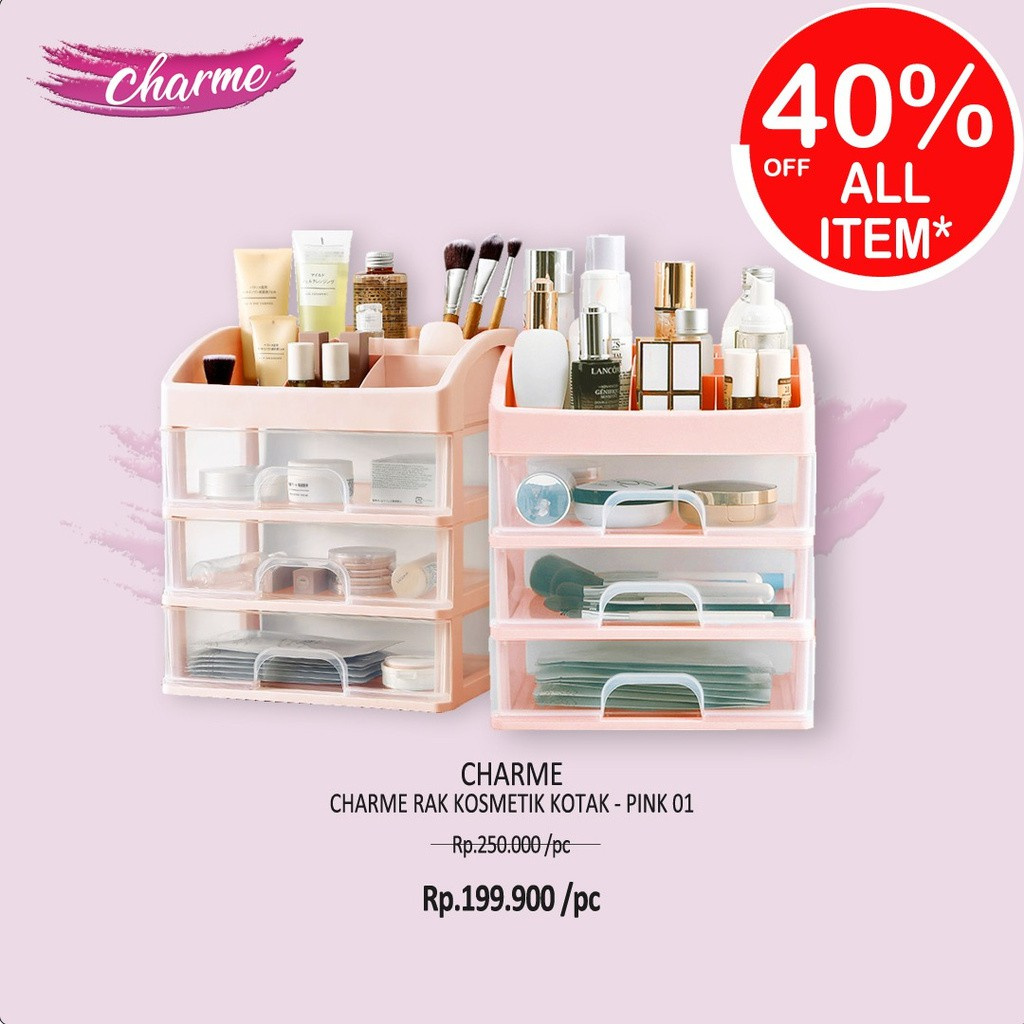 (READY &amp; ORI) Charme Rak Kosmetik Kotak Transparant PINK laci kosmetik viral unik kekinian rak makeup make up rak obat