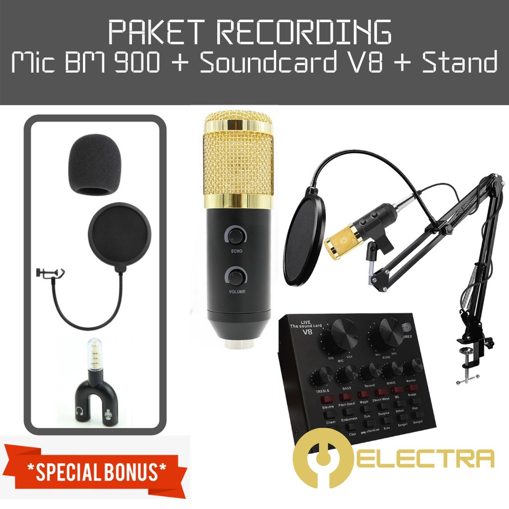 PAKET PODCAST Mic BM 900 + Soundcard V8/V8s/V8plus/V8u + Stand