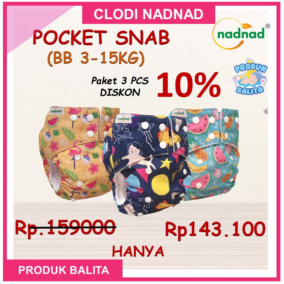 Paket Murah 3 pcs Clodi Pocket Snab BB 3-15 Kg New Desain Motif Eksklusif Full Printing Popok Pempers Kain Cuci Ulang Terlaris