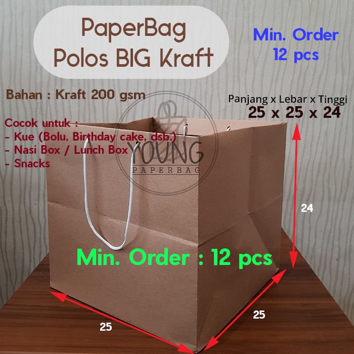 

[200 gsm] Paperbag / Tas Kertas Kraft Persegi Serbaguna untuk Kue / Lunch Box 25x25x24 (1 pcs)