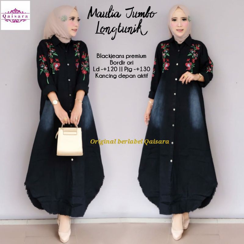 RESTOCK LONG TUNIK JUMBO JEANS/Ld120 Pj130/Black Jeans Premium Bordir Ori/Kancing Depan Aktif