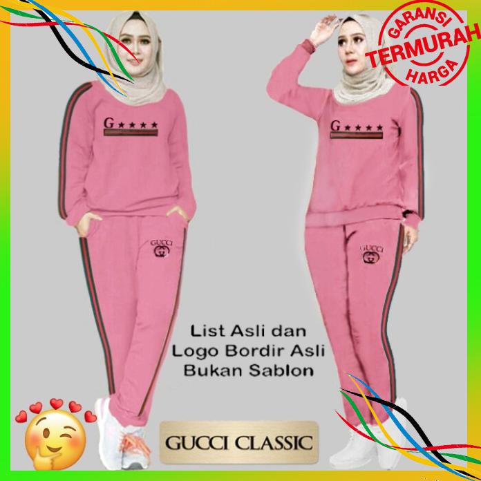 OLAHRAGA 18258 BAJU SETELAN PAKAIAN OLAHRAGA SENAM WANITA GUCCI CLASSIC KUNYIT BAYAR COD