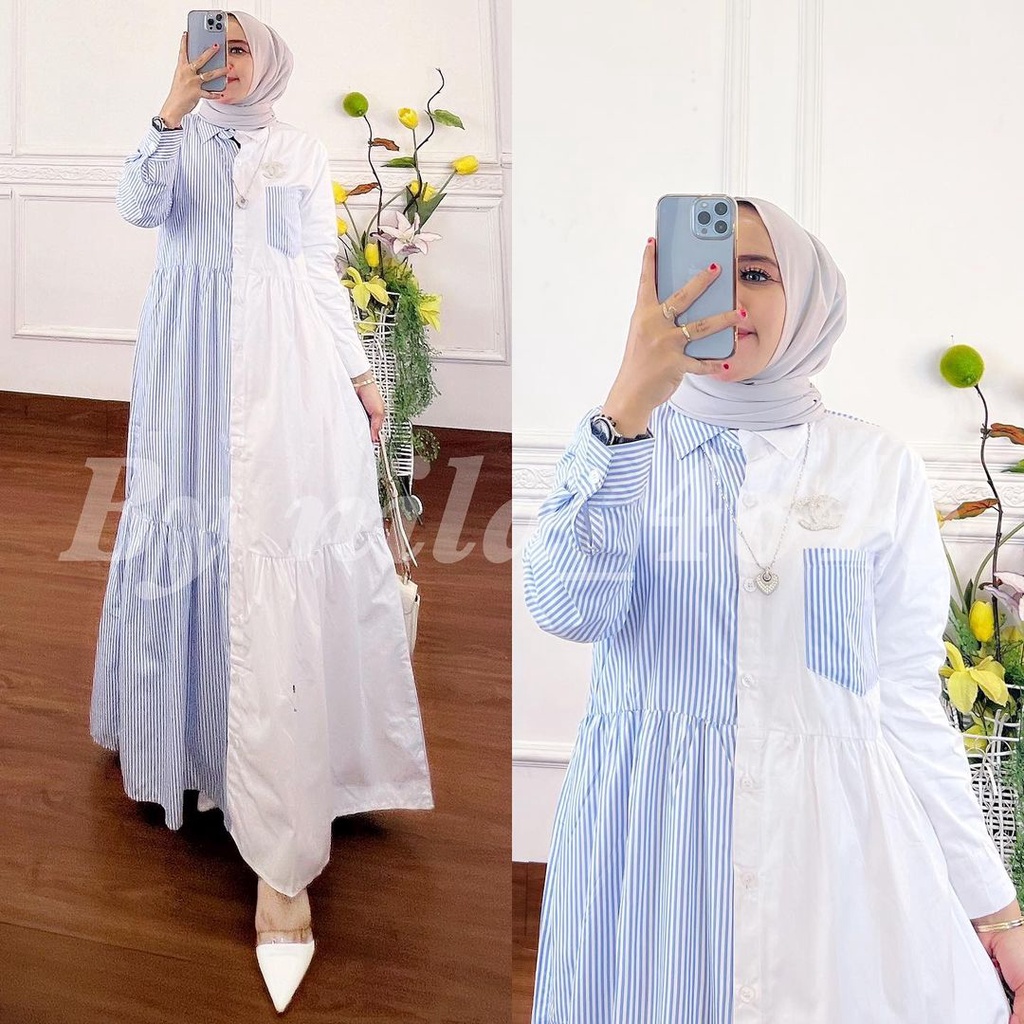 Baju Gamis Dewasa Gamis Katun Salur Dress Busui Friendly Gamis Casual Kekinian Long Dress Muslim Bel
