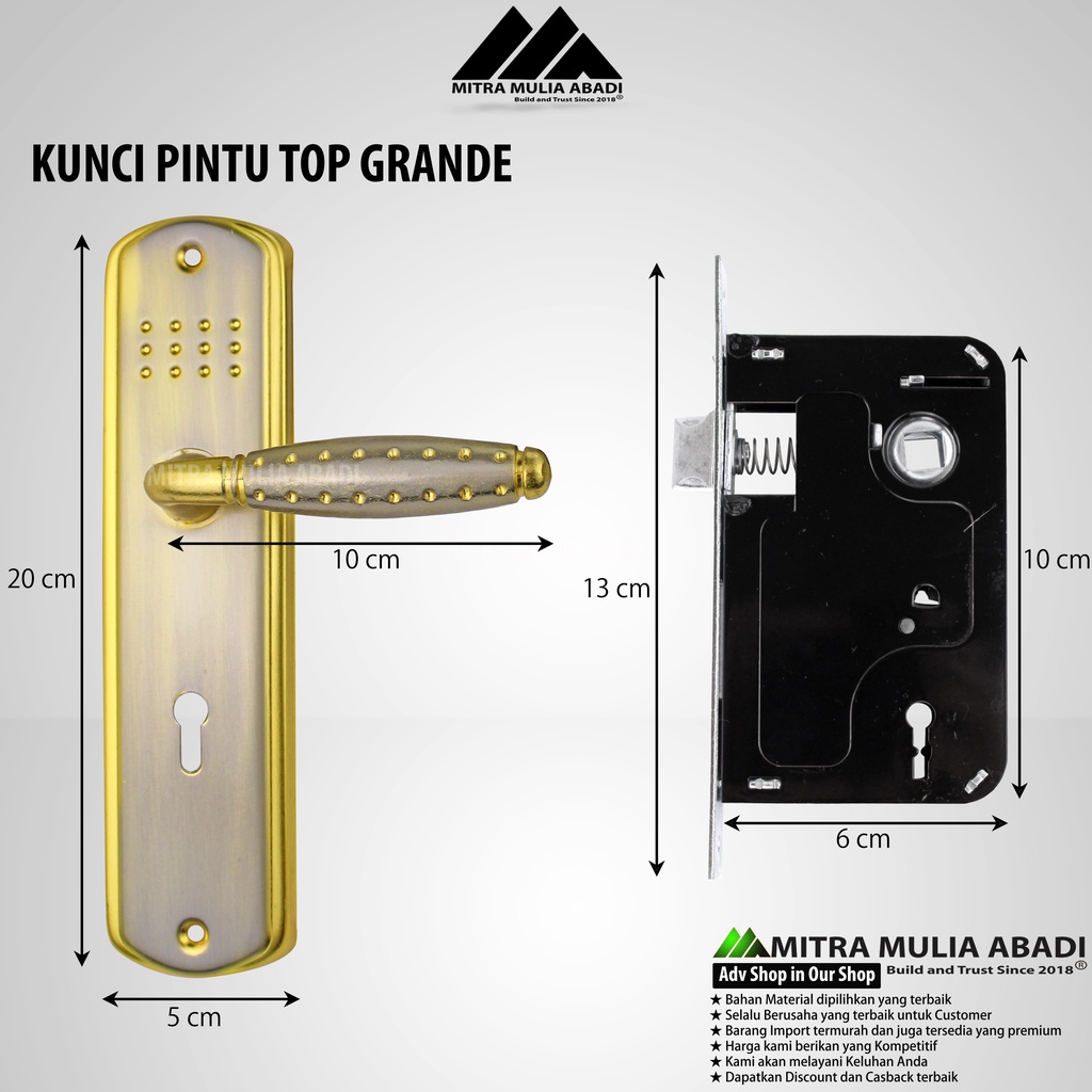 Kunci pintu TOP GRANDE GOLD FULL set Dus Hijau l Handle l Gagang