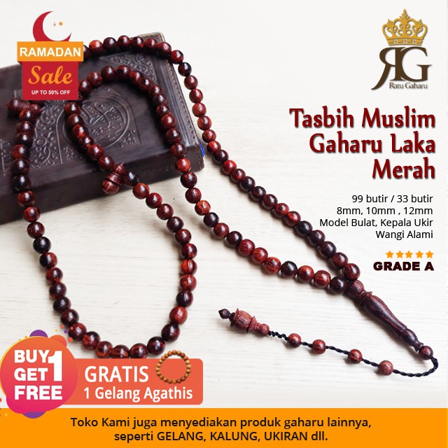 Tasbih Kayu Gaharu Laka Merah Wangi Alami GRADE A Kepala