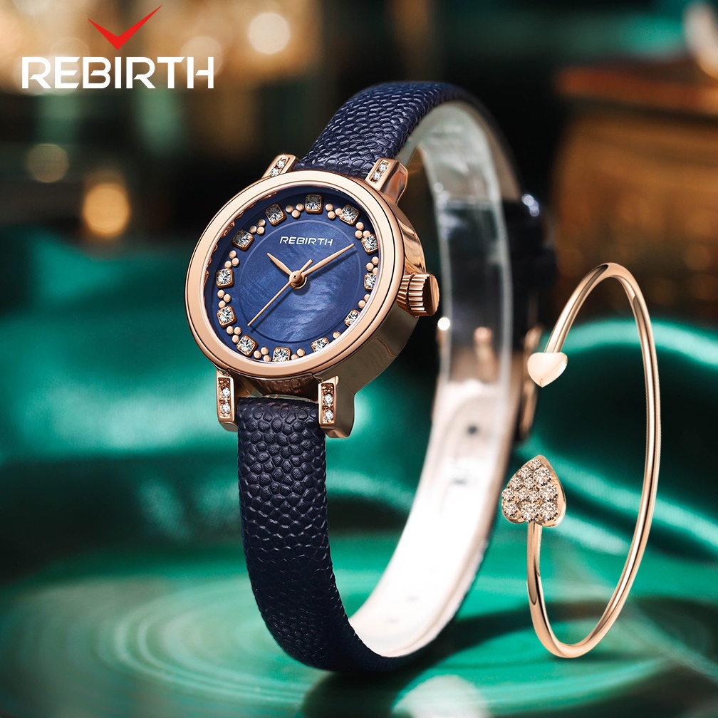 REBIRTH Jam Tangan Wanita Elegan Original Anti Air Skala Berlian Tali Kulit Kuarsa Jam Tangan Cewek