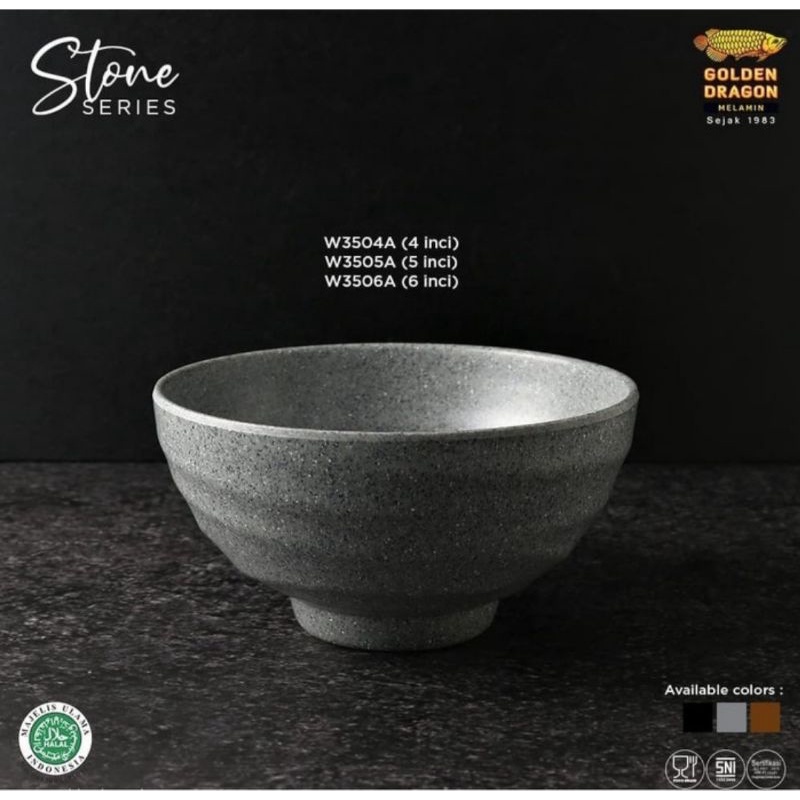 W3506A Mangkok Kaki Tembikar 6inch Abu Abu Stone Melamine Golden Dragon Mangkok Makan Baso/Mie Ayam Soup