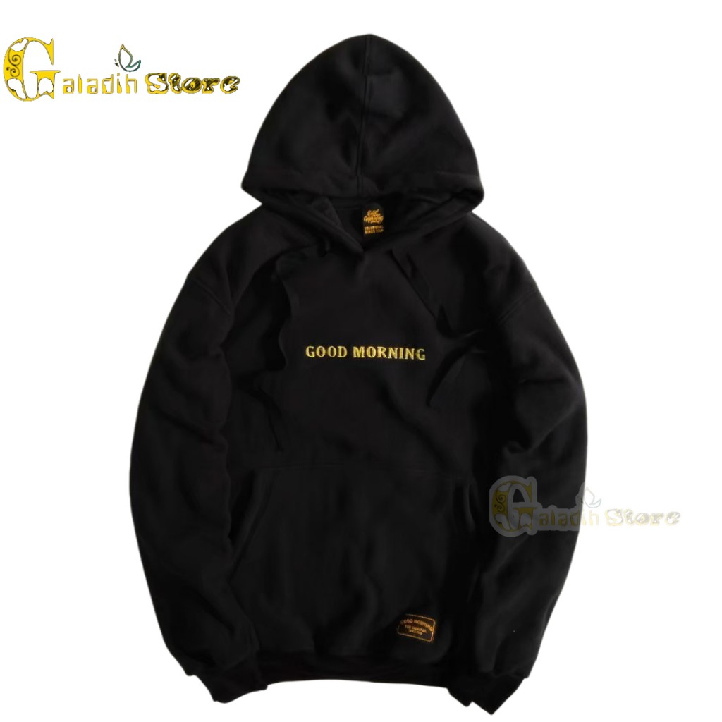 Hoodie Pria Distro original brand tebal Sweater Good Morning Basic Hitam Sablon Gold Unisex Terbaru