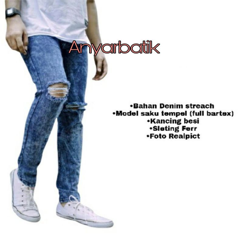 Celana Jeans Sobek Lutut Pria Ripped Jeans Snow 27-33 Skinny Strecht