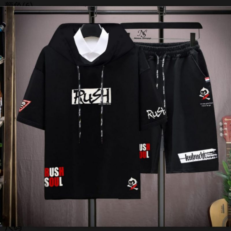 N_S Stelan Pria/Wanita 1Set Distro Baju Hoodie+Celana Pendek RUSH