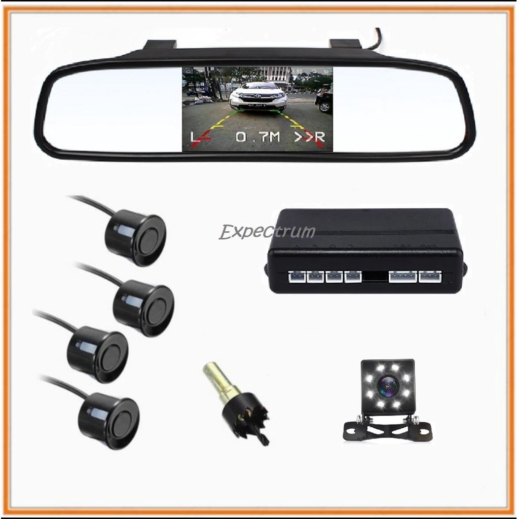 Video Sensor Parkir Spion 4.3 Inchi + 4 sensor Parkir + Kamera Mundur