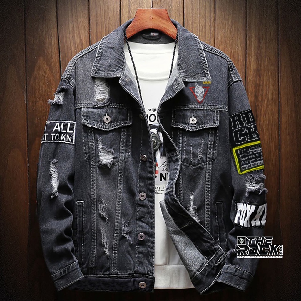 Jaket Jeans Pria Terbaru Morif Emblem Dan Sobek-Sobek/ Jaket Jeans Cowo Keren/ Jaket Jeans Pria The Rock Sobek