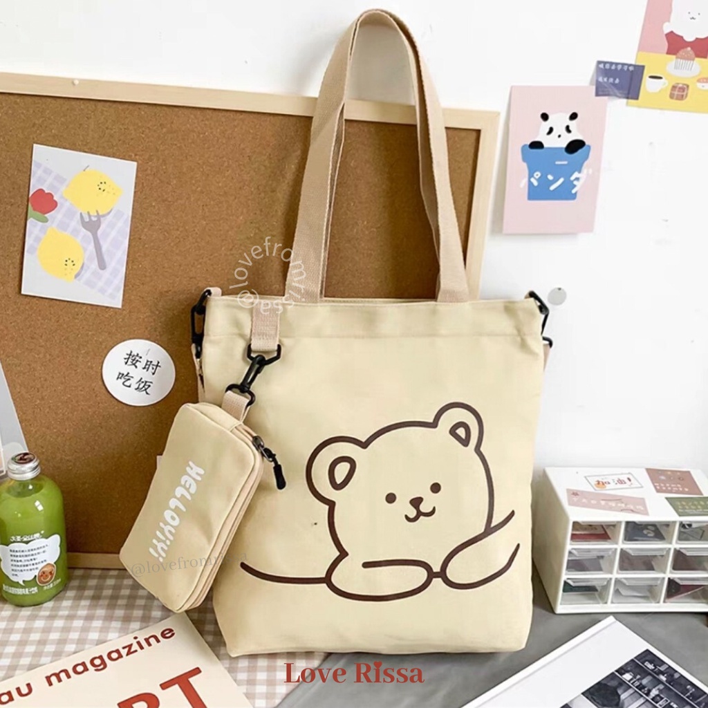 Tas Teddy Tas Japanese Style Tas Selempang Tote Bag 2 in 1 Solid Color Love Rissa