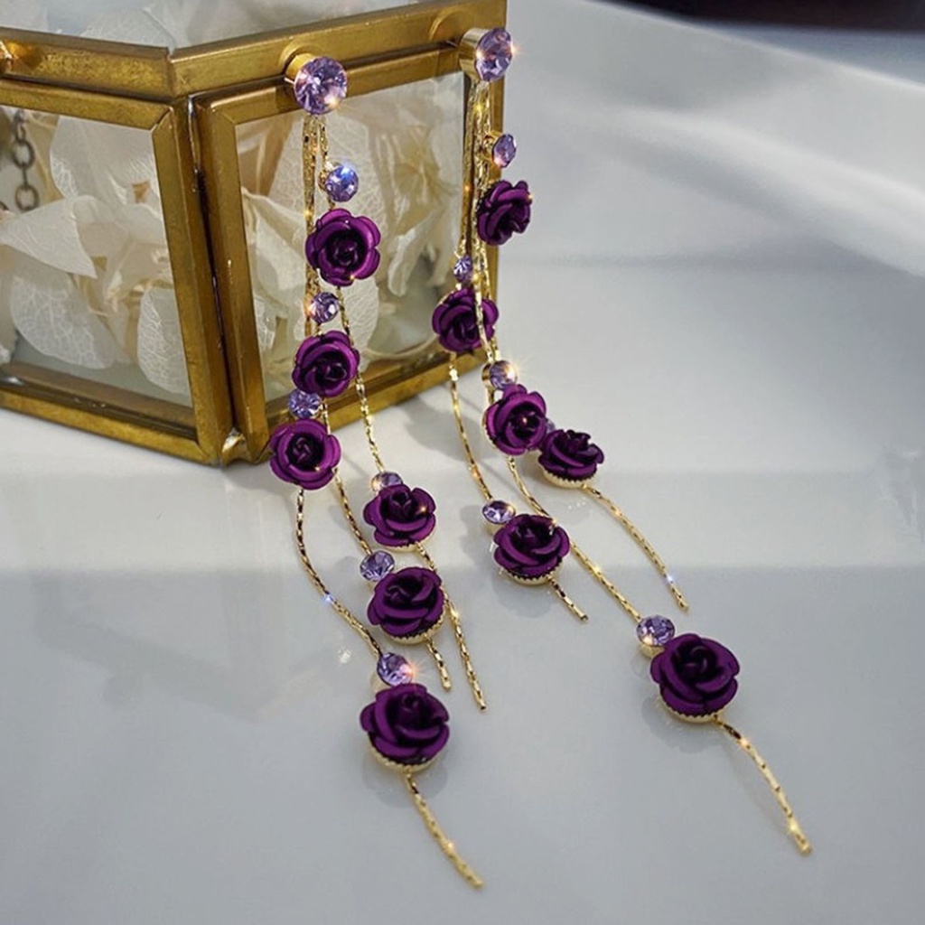 Hu Hu Hu Hu Hu Alat Bantu Pasang Kacamata♡ 1 Pasang Anting Rumbai Panjang Desain Bunga Mawar Aksen Berlian Imitasi Untuk Wanita