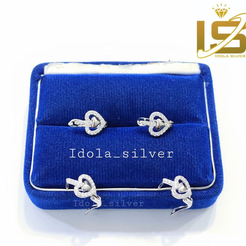 ANTING PERAK ASLI SILVER 925 LAPIS EMAS MODEL JEPIT LOVE PERMATA - PERHIASAN PERAK WANITA