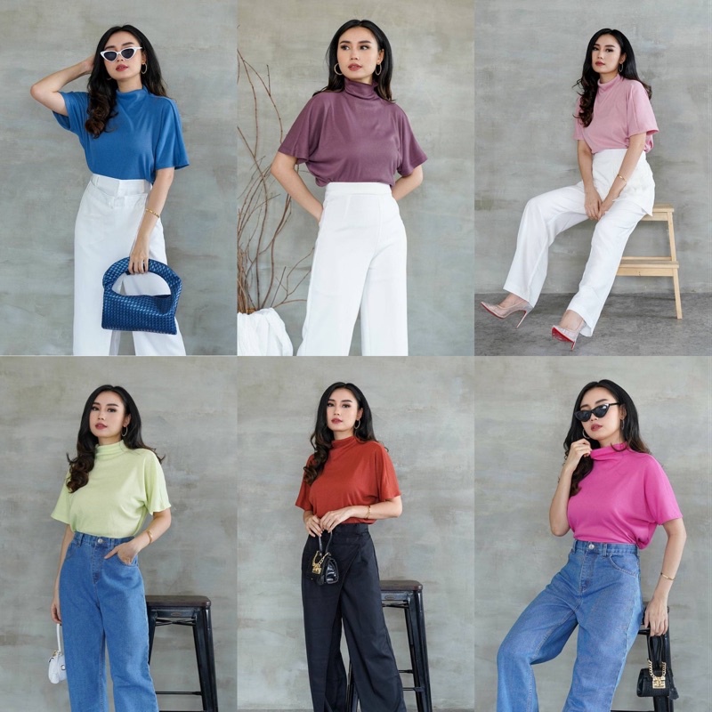 EZCA TOP BAJU ATASAN BLOUSE WANITA LENGAN PENDEK BAHAN RIB RAJUT KNIT TURTLENECK TURTLE NECK POLOS DARK BLUE BRICK ORANGE BATA BROWN LAVENDER PURPLE LATTE CREAM NUDE BLACK ARMY LIGHT GREEN PASTEL GREEN TEA FUCHSIA SHOCKING PINK GREEN WHITE GREY-5