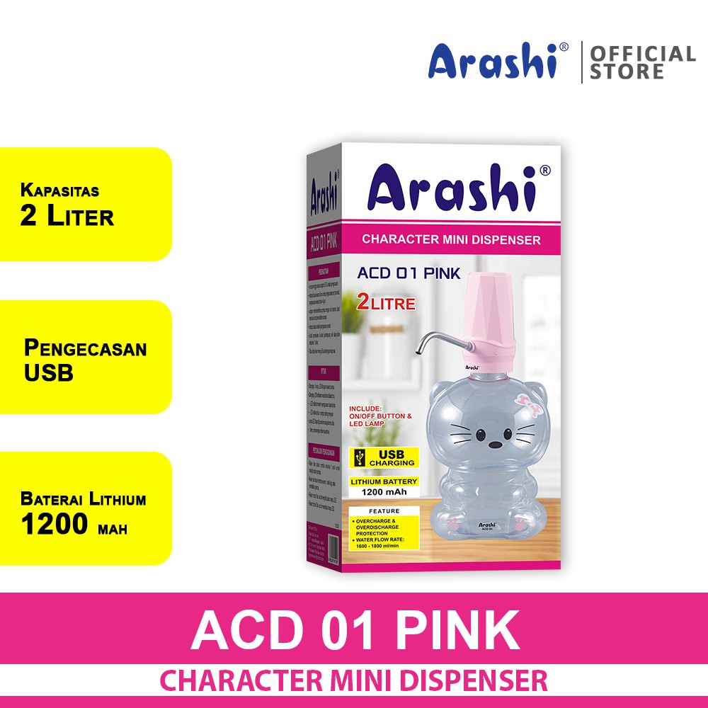 Arashi ACD 01 PINK Pompa Galon Karakter Elektrik Dispenser 2 Liter
