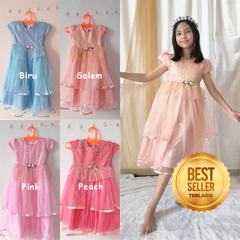 (COD) Dress Anak Perempuan 4 5 Tahun Gaun Anak Cewek Import Mewah Trending Baju Warna Pink Bahan Tile Tulle KA52