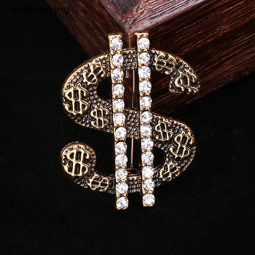Hbid Bros Pin Vintage Hip Hop Desain Tanda Dollar Hias Berlian Imitasi Untuk Pria / Wanita
