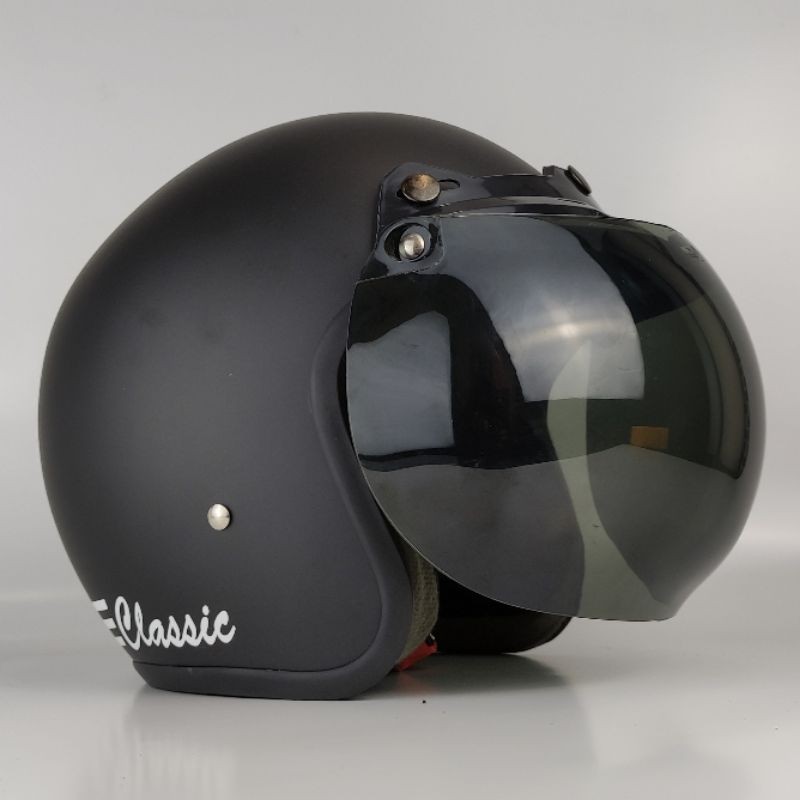 Helm bogo retro Hitam Doff kaca flat visor